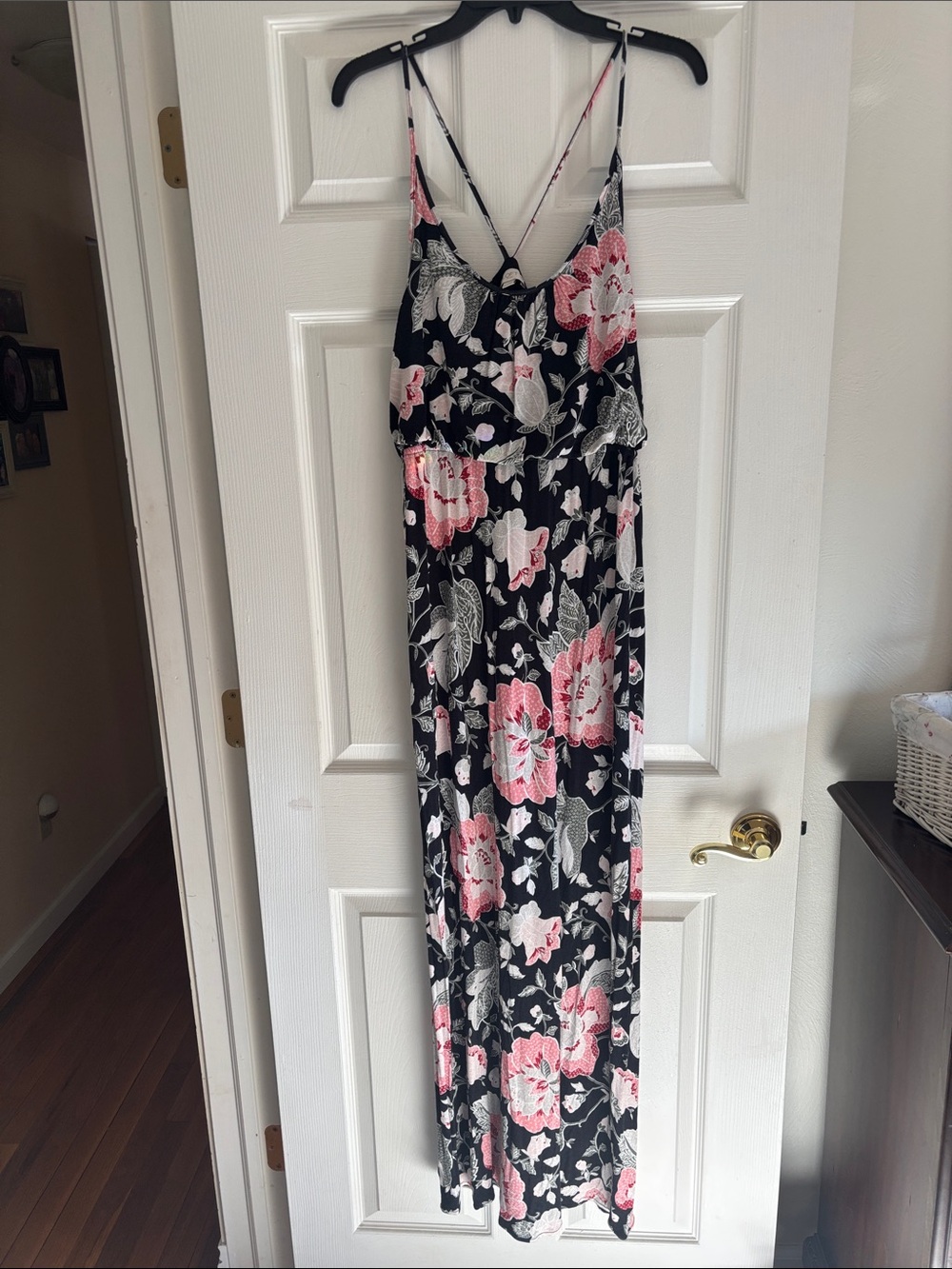 LOFT Black Maxi Dress with Pink & White Floral Print